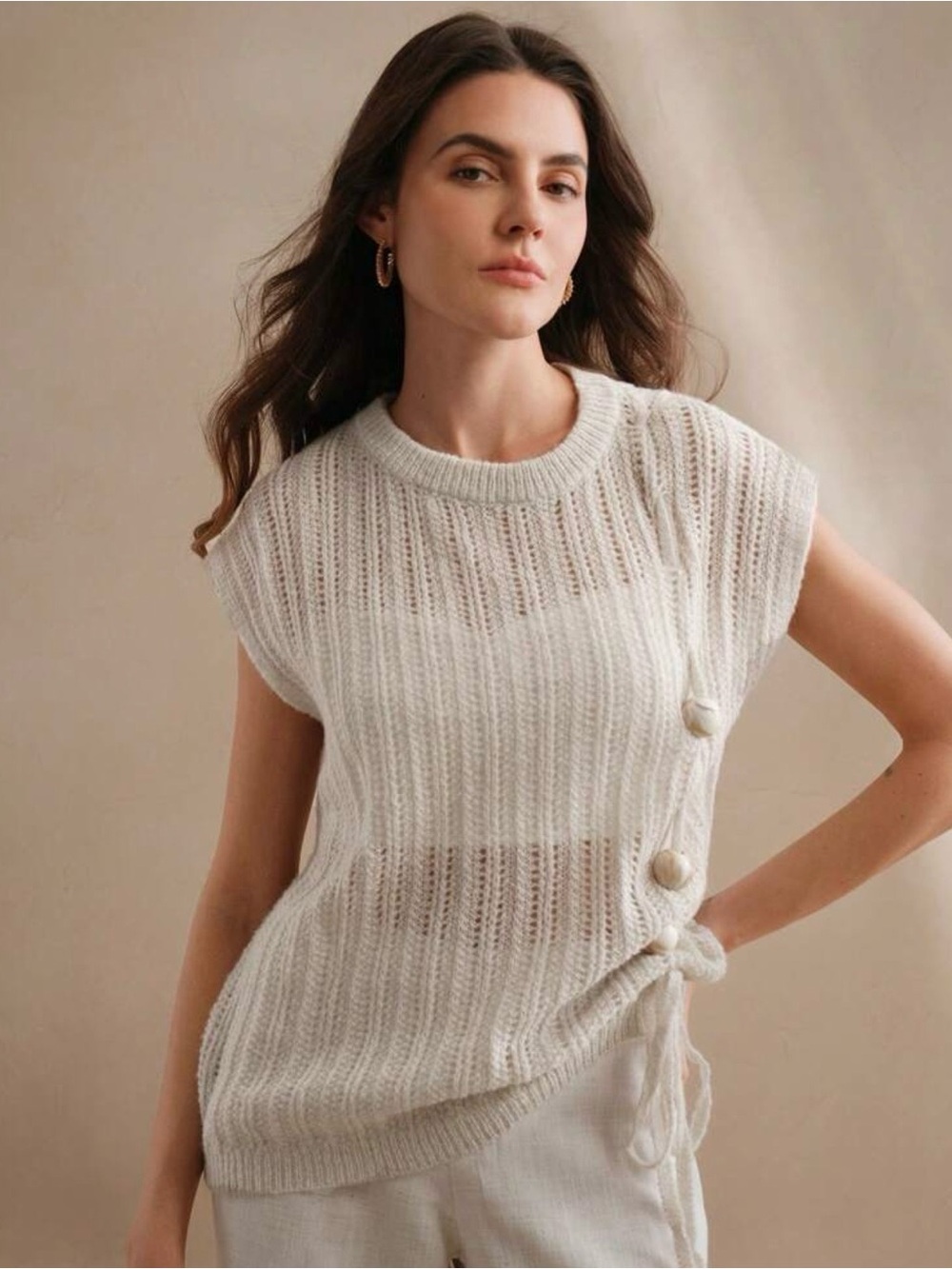 Women's Cream Knit Button-Tie Sleeveless Sweater